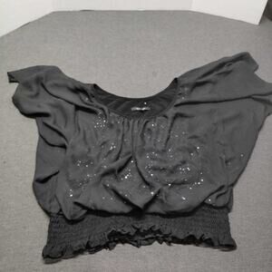 Blu Sage Black Sequin Dolman Sleeve Ruched Smocked Waist Blouse Top XL